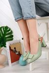 Mint Yeşili Cilt Kare Toka Detaylı Arka Açık Topuklu Ayakkabı